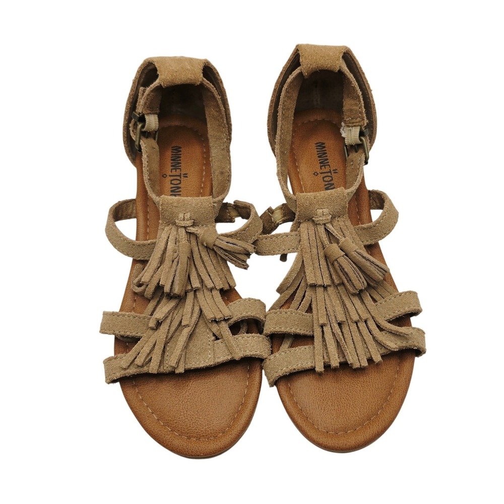 Minnetonka Wedge Sandals Women 6 Tan Suede Fringe Gladiator 71609 TPE